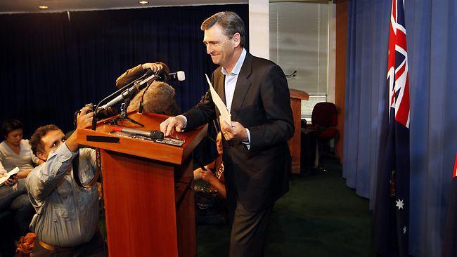 John Brumby speaks to the media at a press conference yesterday afternoon. Picture: Paul Loughnan