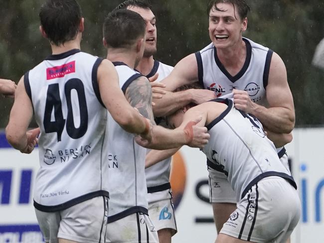 EFL Premier Division football 2023: Vermont v Berwick at Vermont Rec. Reserve. Berwick players celebrate their victory.  Picture: Valeriu Campan