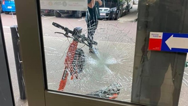 A rock-throwing incident has damaged several cars and windows at Woolworths in Darwin CBD. Picture: FACEBOOK