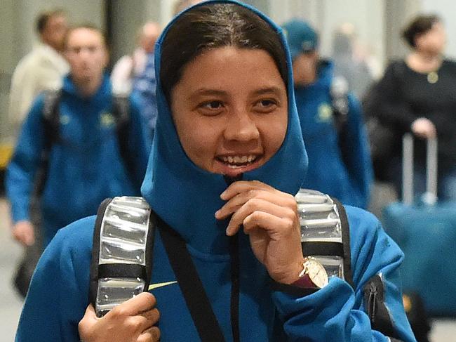 Matildas arriving in Melbourne ahead of Monday nights game. Sam Kerr at Tullamarine Airport. Picture: Josie Hayden