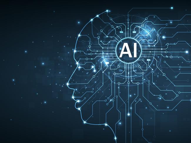 Electronic brain and Concept of artificial intelligence(AI).Graphic of a digital brain and Human head outline made from circuit board, connecting on dark blue background.