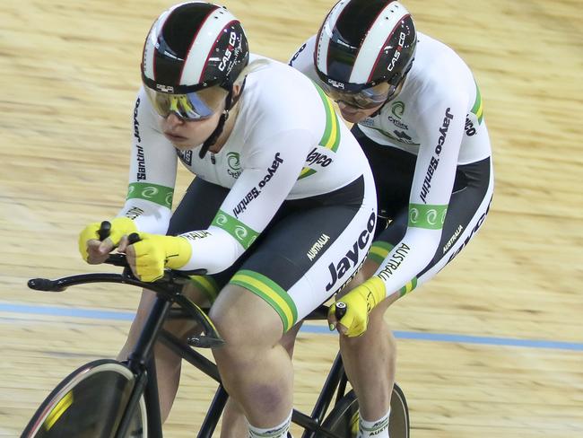 Jessica Gallagher (VIC) and Madison Janssen (QLD) claimed bronze in the tandem one kilometre time trial, stopping the clock after the four laps of the track in 1min 7.575secs. Picture: Cycling Australia