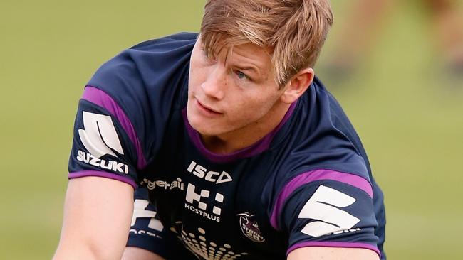 MELBOURNE, AUSTRALIA — APRIL 17: Harry Grant passes the ball during a Melbourne Storm NRL training session at Gosch's Paddock on April 17, 2018 in Melbourne, Australia. (Photo by Darrian Traynor/Getty Images)