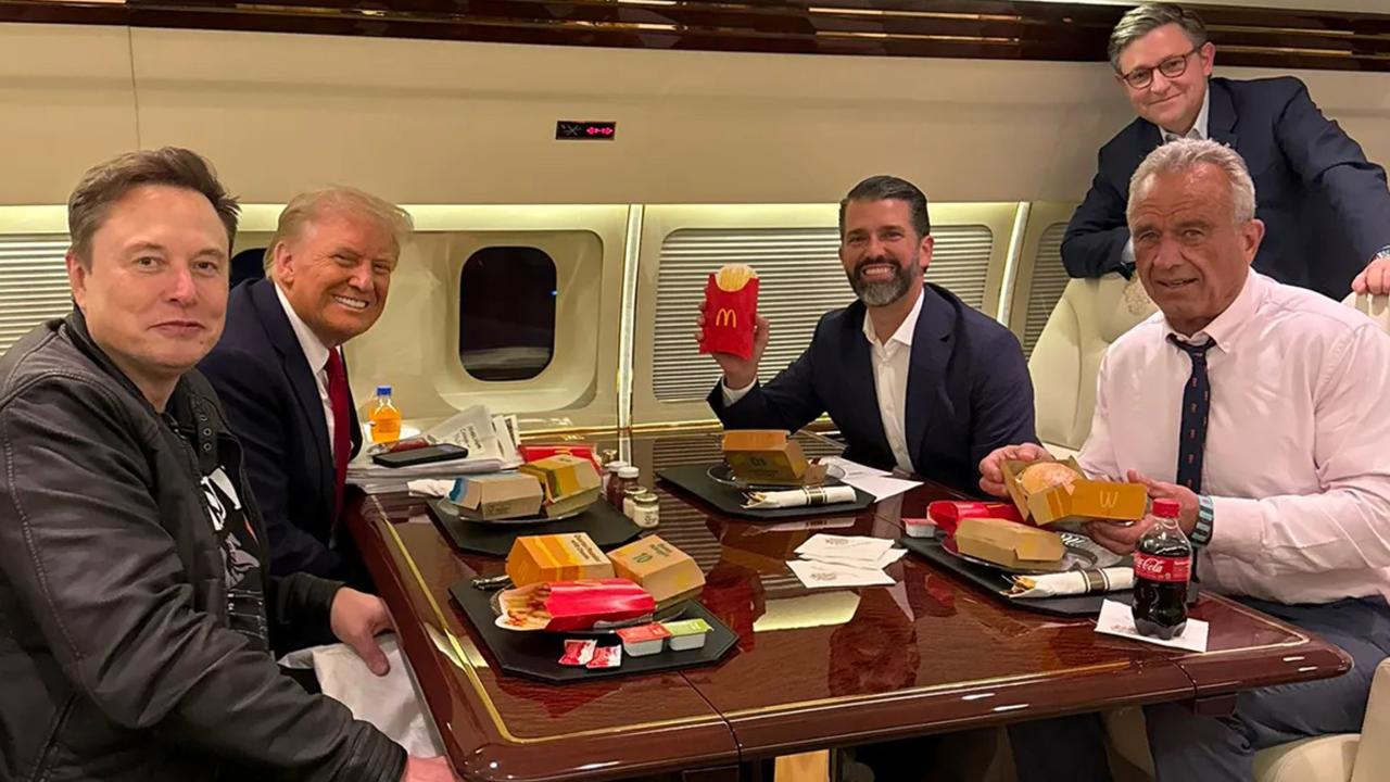 President Donald Trump, his son Donald Jr, RFK Jr, Elon Musk and RFK Jr. eat McDonald’s on a private jet following Mr Trump’s emphatic victory in November. President Trump has nominated RFK Jr. to be his health secretary. Picture: Margo Martin