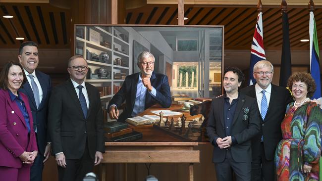 The unveiling of the official portrait of former prime minister Kevin Rudd at Parliament House, with the artist, third from right. Picture: NCA NewsWire / Martin Ollman