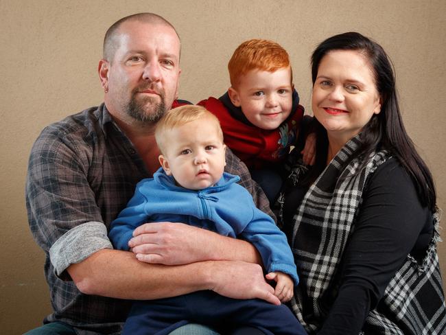 Cathy Jayne Hogben (formerly Pearce) with husband Daniel and children Jacob and Levi at their suburban home earlier this year. Picture: Matt Turner.