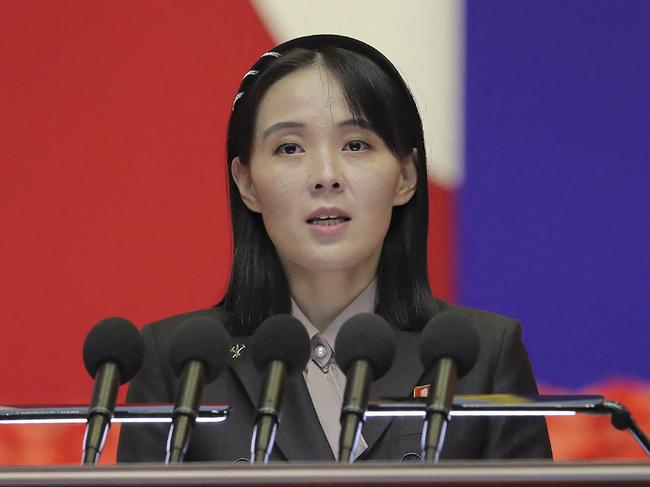 This picture taken on August 10, 2022 and released from North Korea's official Korean Central News Agency (KCNA) on August 14, 2022 shows Kim Yo Jong, the sister of North Korea's leader Kim Jong Un, speaking at the National Emergency Prevention General Meeting in Pyongyang. - North Korean leader Kim Jong Un declared a "shining victory" over Covid-19 as his sister revealed he had fallen ill during the outbreak, which she blamed on Seoul, state media said on August 11. (Photo by KCNA VIA KNS / AFP) / South Korea OUT / REPUBLIC OF KOREA OUT ---EDITORS NOTE--- RESTRICTED TO EDITORIAL USE - MANDATORY CREDIT "AFP PHOTO/KCNA VIA KNS" - NO MARKETING NO ADVERTISING CAMPAIGNS - DISTRIBUTED AS A SERVICE TO CLIENTS - THIS PICTURE WAS MADE AVAILABLE BY A THIRD PARTY. AFP CAN NOT INDEPENDENTLY VERIFY THE AUTHENTICITY, LOCATION, DATE AND CONTENT OF THIS IMAGE --- /