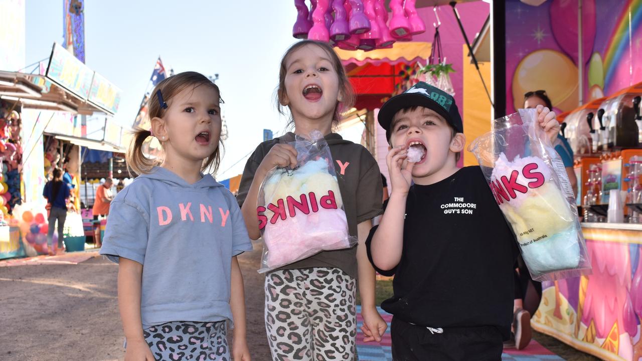 ‘Happy Show Day!’ said Sky Pettigrove, Summer Pettigrove, and Jet McMullen of Cannonvale. Picture: Kirra Grimes