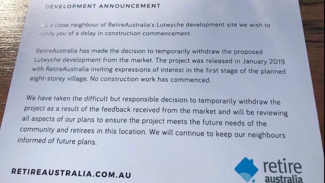 A letter sent to nearby residents of the proposed Fancutt retirement village, announcing the project would not proceed for the timebeing. Picture: Supplied.