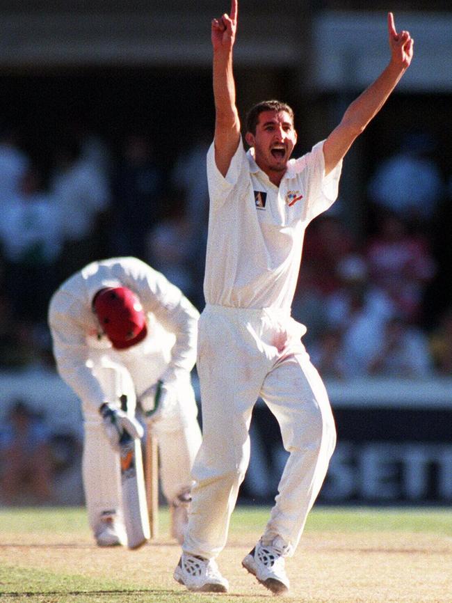 Jason Gillespie appeals for lbw against Carl Hooper on debut against West Indies.