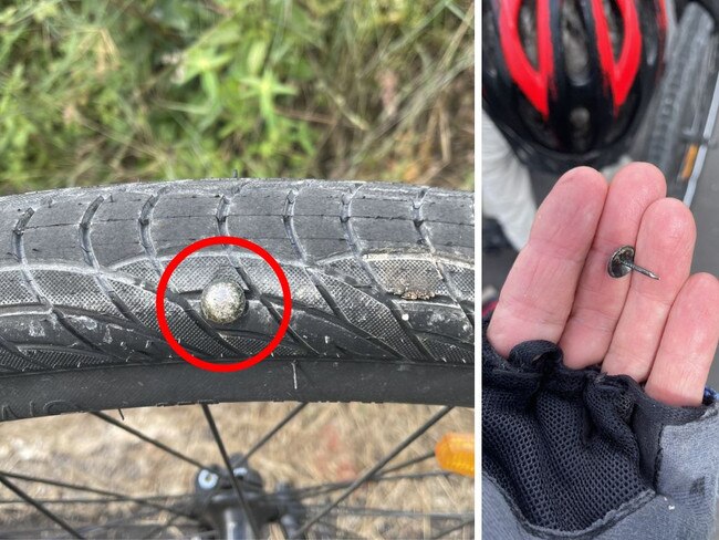 Hundreds of tacks, nails and screws were found on a bike track.