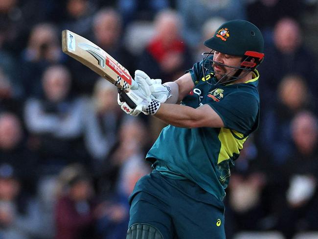 Australia's Travis Head plays a shot for six runs during the '1st Vitality IT20' Twenty20 International cricket match between England and Australia at Utilita Bowl in Southampton on September 11, 2024. '1st Vitality IT20' Twenty20 International cricket (Photo by Adrian Dennis / AFP) / RESTRICTED TO EDITORIAL USE. NO ASSOCIATION WITH DIRECT COMPETITOR OF SPONSOR, PARTNER, OR SUPPLIER OF THE ECB