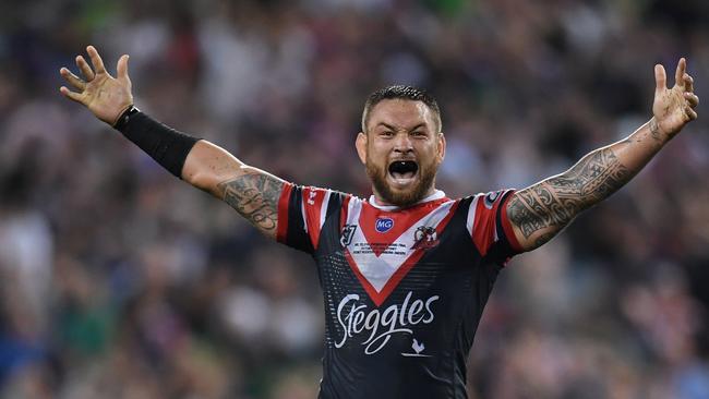 Jared Waerea-Hargreaves celebrates on the siren. Picture: AAP Image/Dean Lewins