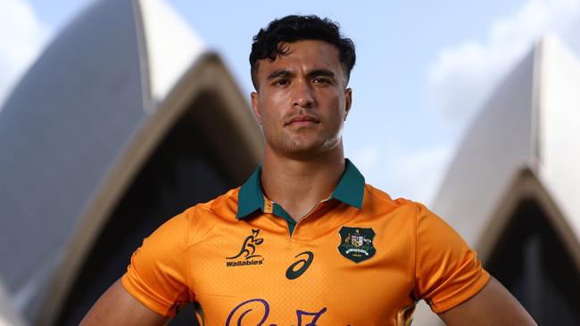 SYDNEY, AUSTRALIA - OCTOBER 29: Joseph-Aukuso Suaalii poses during the Wallabies jersey launch for the 2025 British & Irish Lions Tour at The Royal Botanic Gardens on October 29, 2024 in Sydney, Australia. (Photo by Jason McCawley/Getty Images)