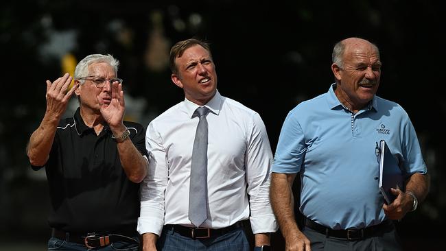 Suncorp Stadium General Manager Alan Graham, Queensland Premier Steven Miles, and Wally Lewis on Monday. Picture: Lyndon Mechielsen