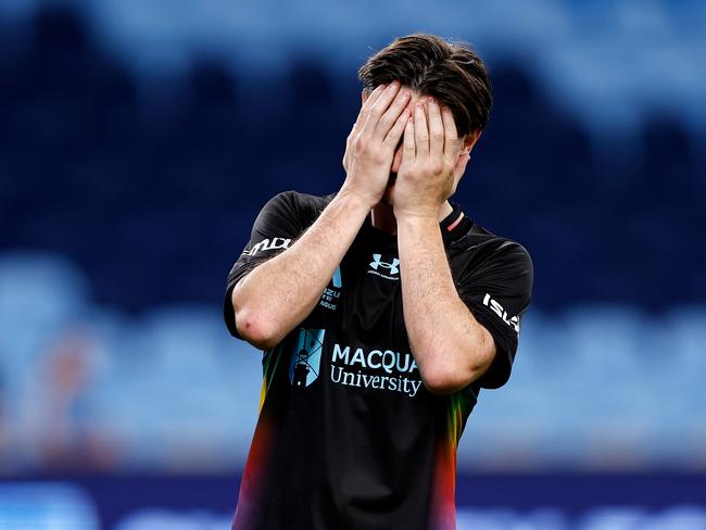 SYDNEY, AUSTRALIA - MARCH 16: Joseph Lolley of Sydney reacts at full-time during the round 23 A-League Men match between Sydney FC and Wellington Phoenix at Allianz Stadium, on March 16, 2025, in Sydney, Australia. (Photo by Brendon Thorne/Getty Images)