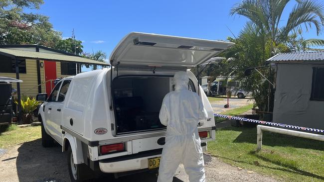 Police at Tweed Ski Lodge Caravan Park on Chinderah Bay Dr at Chinderah after the bodies of two men were discovered. Picture: David Bonaddio