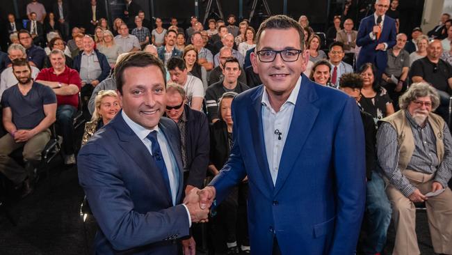 Matthew Guy and Daniel Andrews at the Sky News leaders’ debate with an audience of 100 undecided voters in Victoria’s second most marginal seat, Frankston. Picture: Jason Edwards