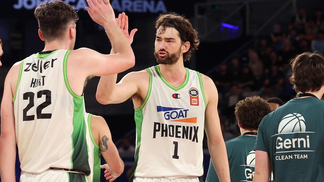 Jordi Hunter celebrates the Phoenix’s win over Melbourne United. Picture: Kelly Defina/Getty Images