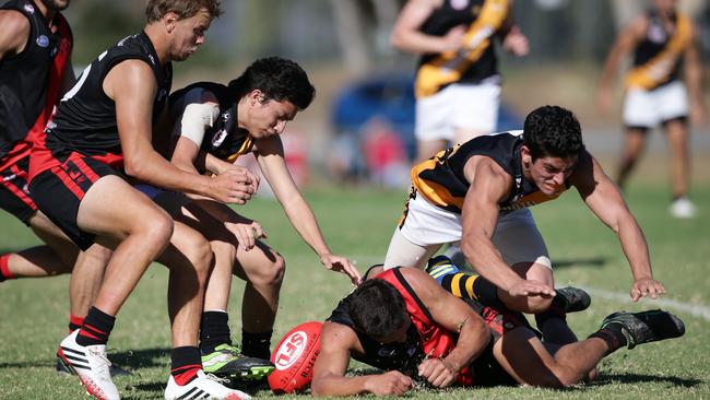 12/04/14 Southern football league team the Aldinga Sharks play Morphett Vale at Morphett Vale after multiple 100 plus losses resulting in the sacking of their coach. pic Calum Robertson