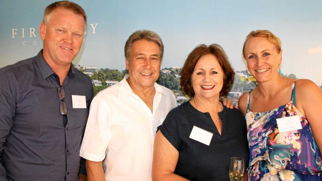 Todd McKee, left, and Sharni Pinder, right, of McGrath Estate Agents with Mel and Gill Luke at Mooloolaba to celebrate the launch of the luxury First Bay Coolum development. Picture: Erle Levey