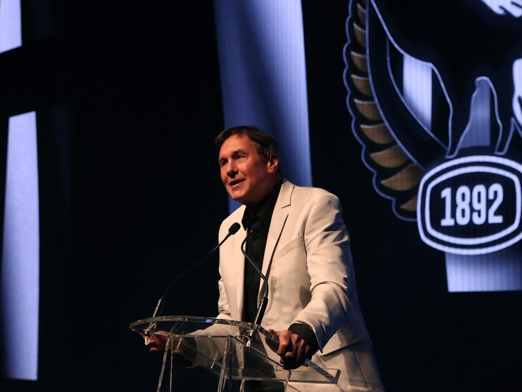 Jeff Browne speaks at the Pies’ season launch earlier in 2024. Picture: Jason McCawley/AFL Photos/via Getty Images.