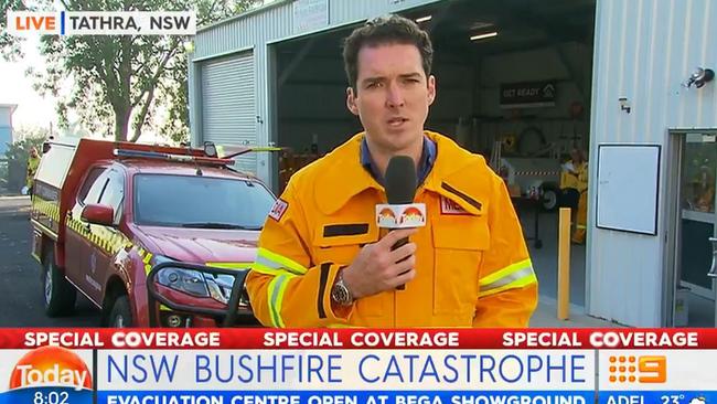 Peter Stefanovic reporting on NSW bushfires on Monday 19 March 2018. Picture: Channel 9.