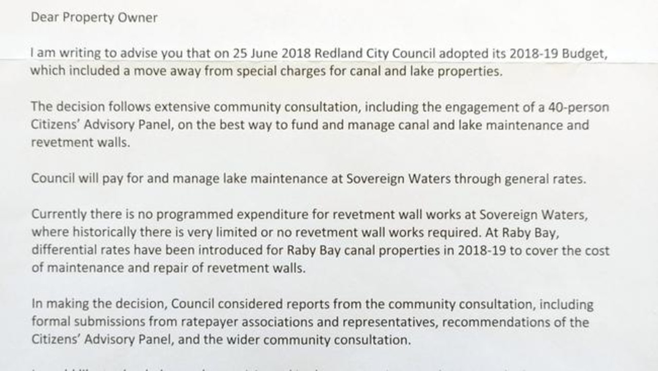 An excerpt from a 2018 letter to waterfront Redland ratepayers from the council explaining the move away from canal levies. Picture: Contributed