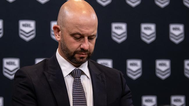 National Rugby League Chief Executive Officer Todd Greenberg leave after speaking to media at a press conference at Rugby League Central in Sydney, Monday, March 23, 2020. (AAP Image/James Gourley) NO ARCHIVING