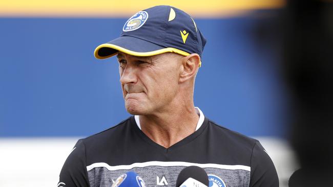 Parramatta Eels head coach Brad Arthur addressing the media at Kellyville Park ahead of the team's round one clash with the Brisbane Broncos. Picture: Jonathan Ng