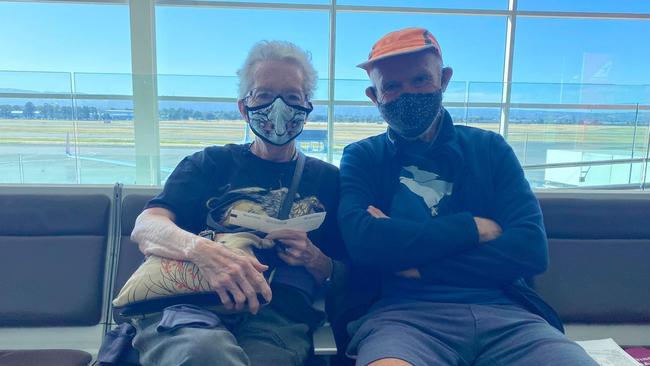 Lorraine and Jack Robertson from the south coast of NSW returning to Sydney at Adelaide Airport on Tuesday. Picture: Dixie Sulda