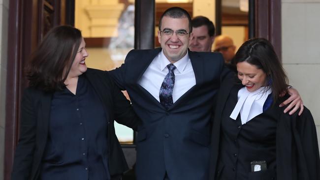 Faruk Orman walks from the Supreme Court with his legal team Ruth Parker and Carly Marcs Lloyd after being acquitted. Picture: Alex Coppel