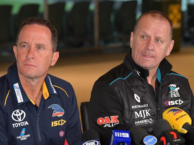 Crows coach Don Pyke (L) and Port coach (Hinkley) together ahead of this weekend's Showdown.