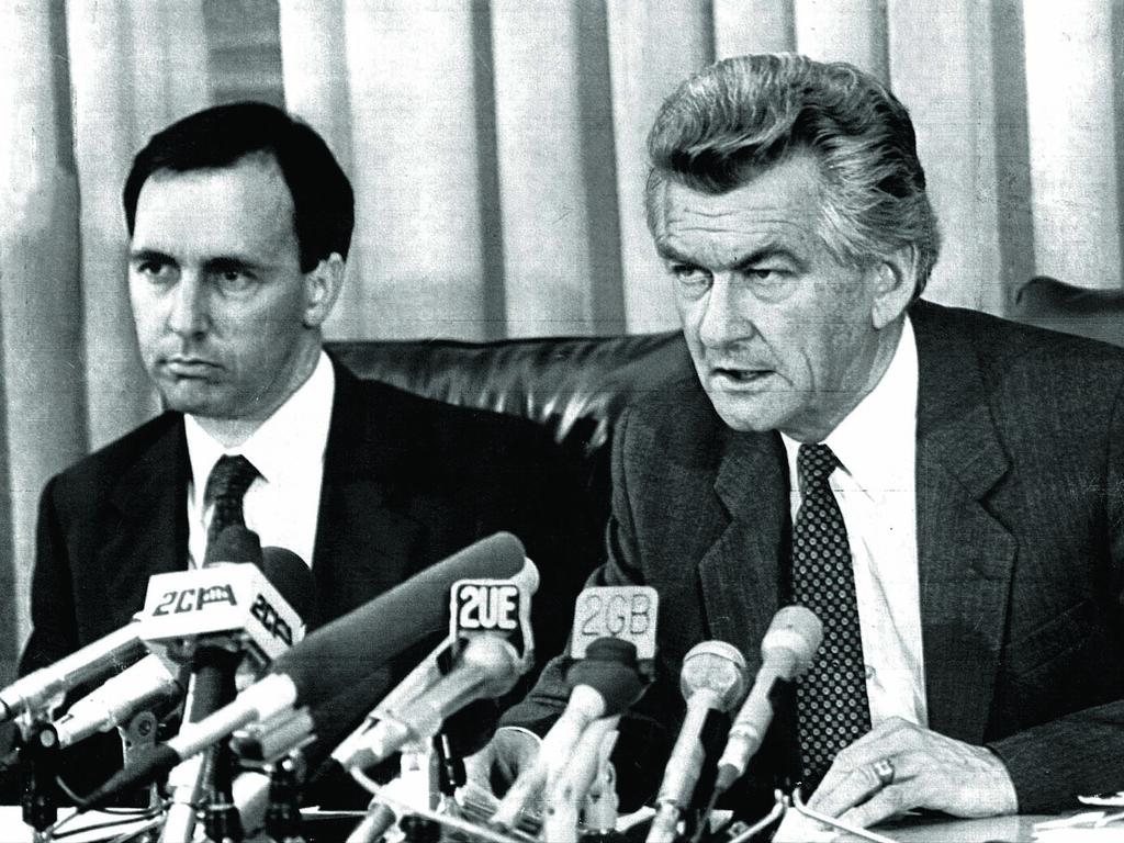 Prime Minister-elect Bob Hawke (R) and Treasurer Paul Keating during 1983 press conference at Parliament House in Canberra, 1983.
