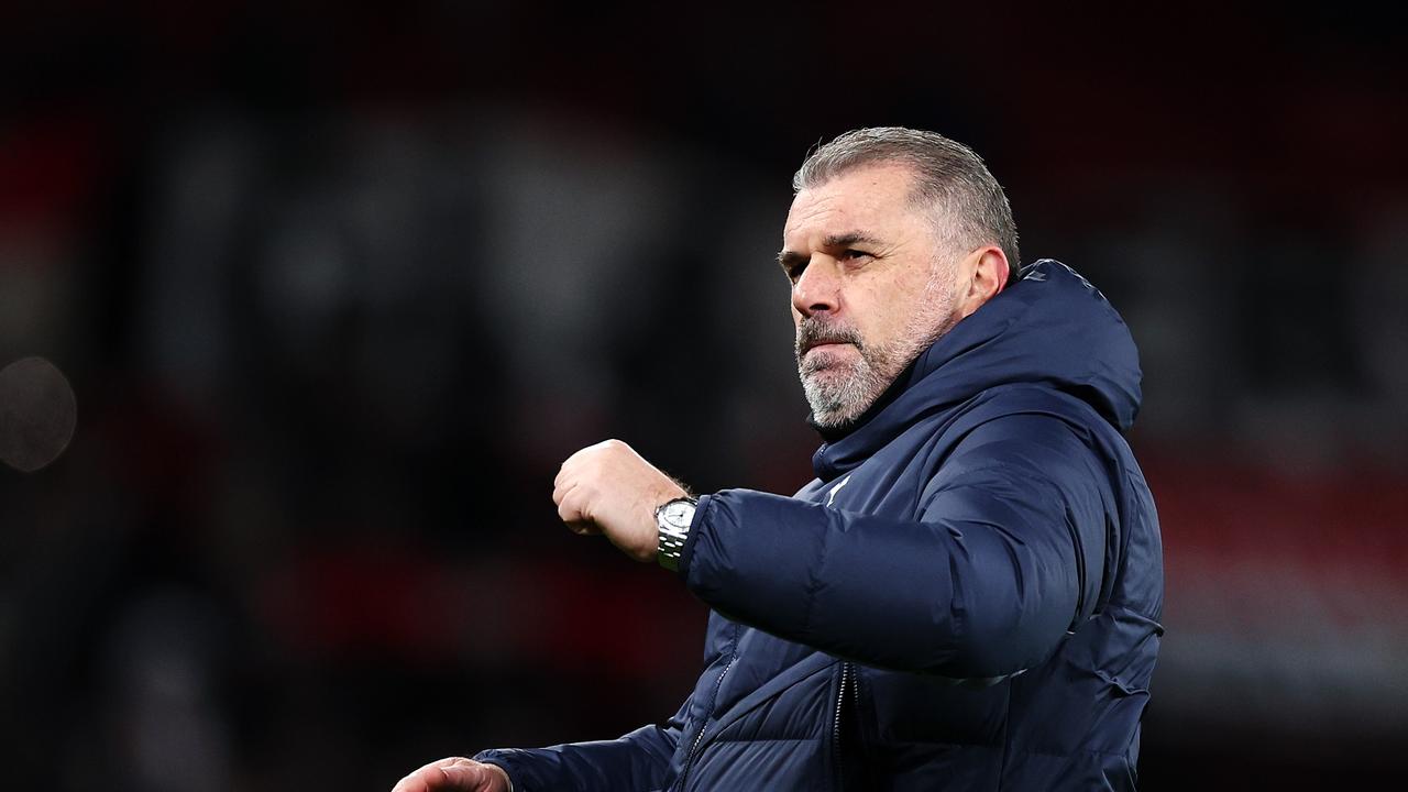 MANCHESTER, ENGLAND - JANUARY 14: Ange Postecoglou, Manager of Tottenham Hotspur, reacts following the Premier League match between Manchester United and Tottenham Hotspur at Old Trafford on January 14, 2024 in Manchester, England. (Photo by Catherine Ivill/Getty Images)