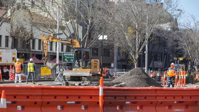 Work on the new Toorak Rd West tram line means drivers face a commuter crush in the school holidays, as just one lane is open in each direction. Picture: Sarah Matray