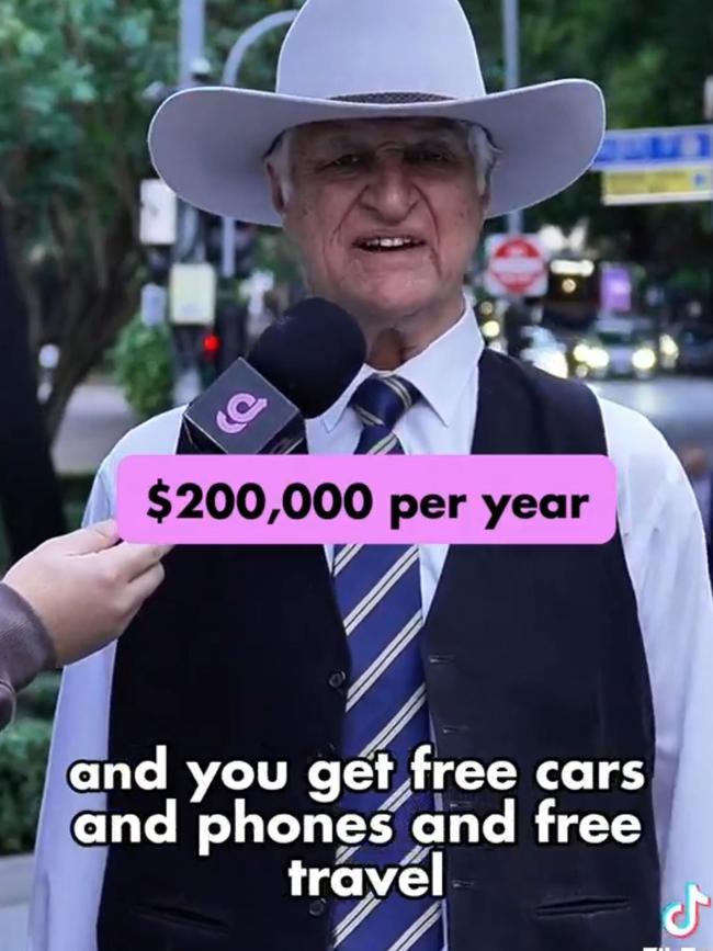 Federal MP Bob Katter has sparked controversy by appearing in a TikTok video and speaking about his career as a politician earning $200,000. Picture:TikTok