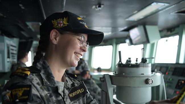 Sub-lieutenant Samantha Horsfield cons the HMAS Perth. Picture: (A)manda Parkinson