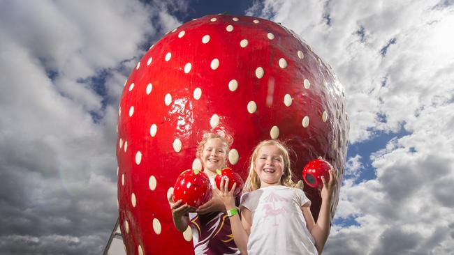 Hayley and Mia at The Big Strawberry, a beloved stop on the “farm gate trail”. Picture: Rob Leeson.