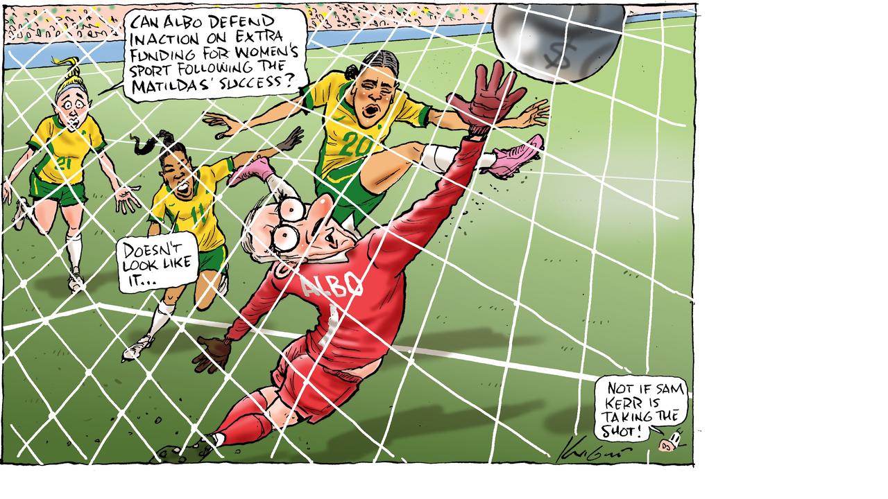 Cartoonist Mark Knight expects that increased funding for women's sport will be one of the big goals the Matildas kicked during their FIFA Women’s World Cup tournament. Picture: Mark Knight