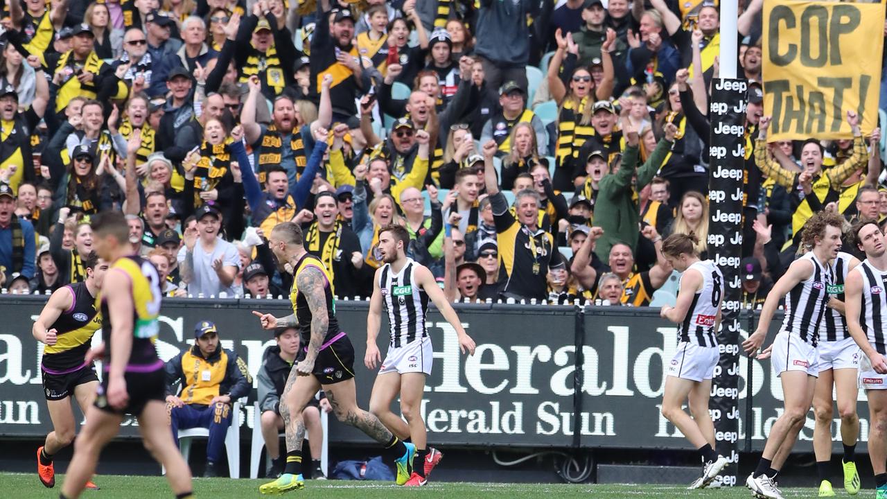 Fans react during Richmond’s Round 19 win over Collingwood at the MCG. The two sides will meet in Friday night’s First Preliminary Final. Picture: Alex Coppel