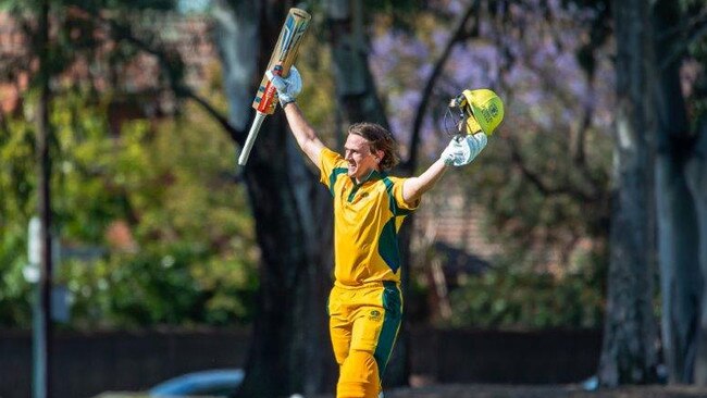 Darcy McRostie after making 102 for Pembroke in its win against Adelaide High School in the 2019 Messenger Bowl T20 final. Picture: Supplied, Peter McRostie