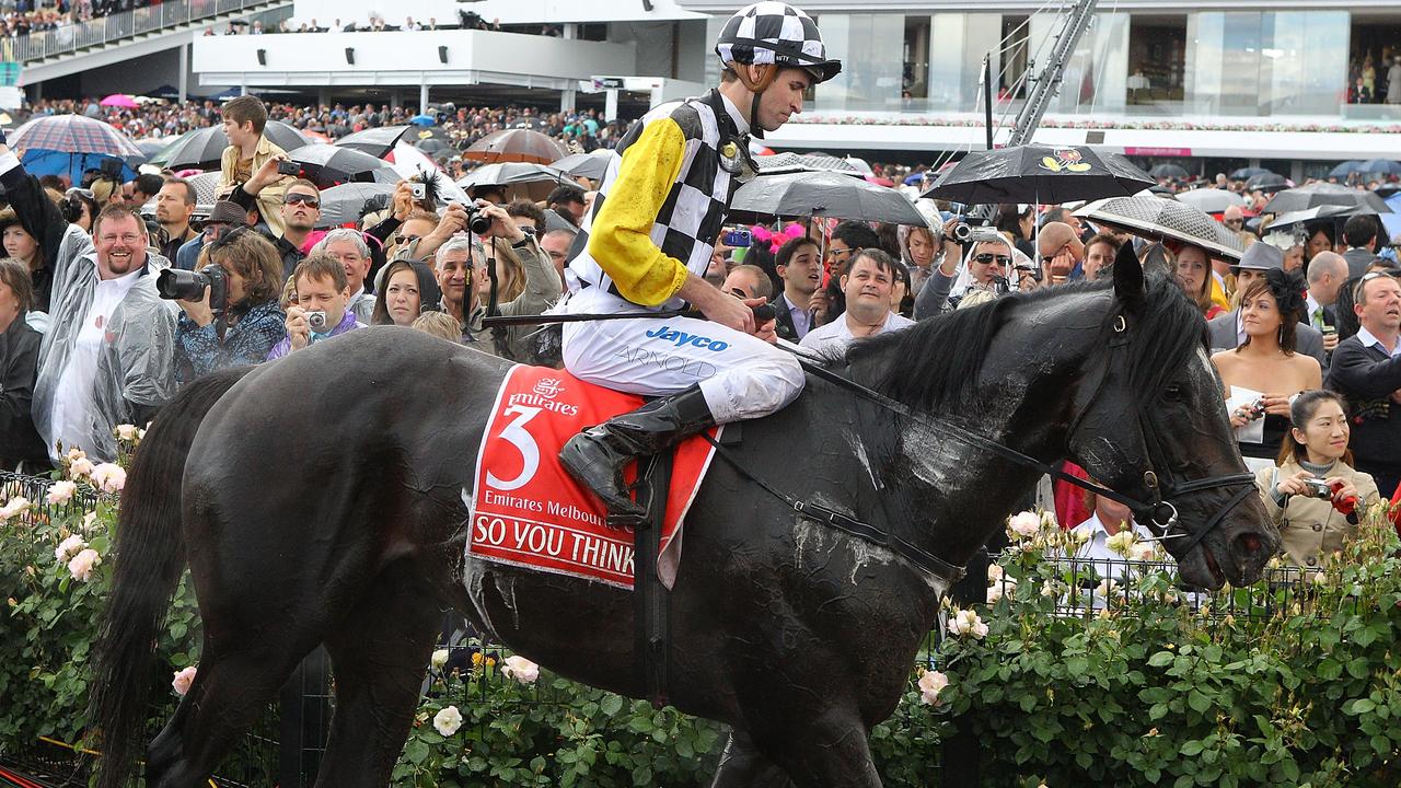 MELBOURNE, AUSTRALIA - NOVEMBER 02:  Jockey Steven Arnold riding So You Think returns to the parade ring after race seven the Emirates Melbourne Cup during Melbourne Cup Day at Flemington Racecourse on November 2, 2010 in Melbourne, Australia.  (Photo by Scott Barbour/Getty Images)