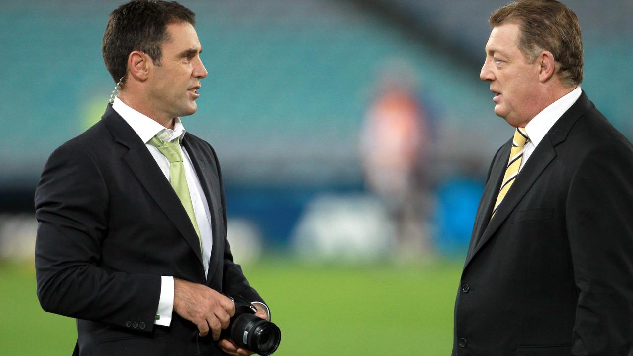 Channel Nine TV personalities Brad Fittler (L) and Phil Gould during Parramatta Eels v South Sydney Rabbitohs NRL game at ANZ Stadium, Olympic Park, Homebush in Sydney.