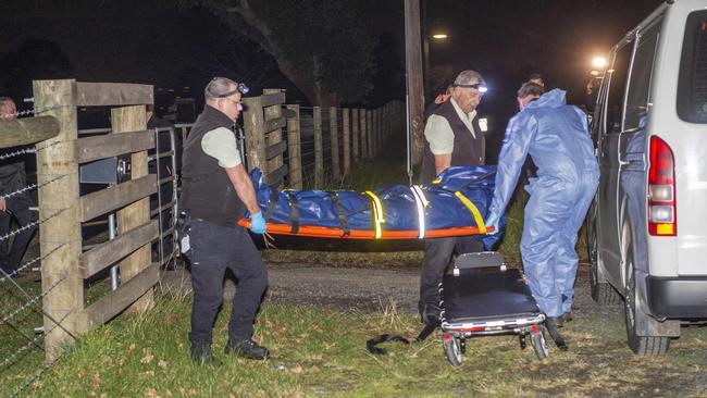 Zane Meyer’s body is removed from a paddock in Melbourne in June. Picture: Rob Leeson