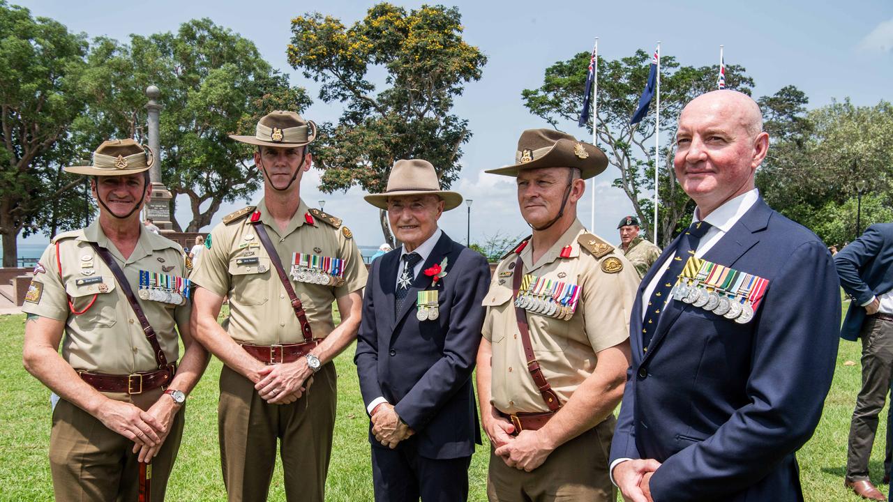 L-R Warrant Officer Brad Doyle OAM, Colonel Brett Thomas DSC, His Honour Professor the Honourable Hugh Heggie, Brigadier Dough Pashley CSC and Captain Mitch Livingstone CSC at the Darwin Cenotaph's Remembrance Day service, 2023. Picture: Pema Tamang Pakhrin