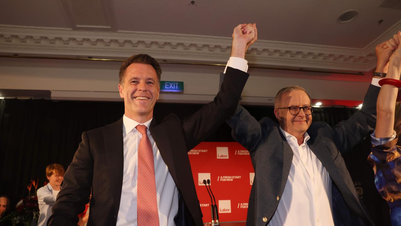 Mr Albanese introduced Chris Minns at his victory party on Saturday evening. Picture: NCA NewsWire / David Swift