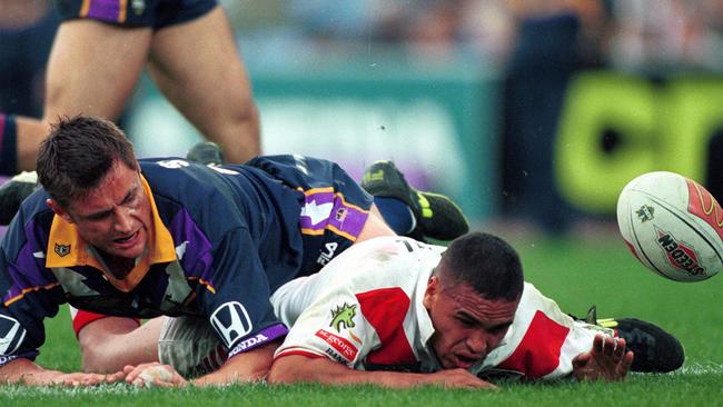 Anthony Mundine drops ball over the tryline during the Melbourne Storm v St George-Illawarra Dragons NRL Grand Final at Sydney's Stadium Australia in 1999. Picture: Trent Parke