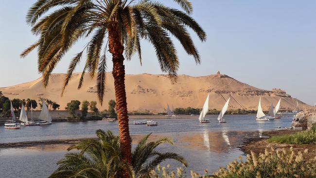 Felucca sailing boats on the River Nile at Aswan.