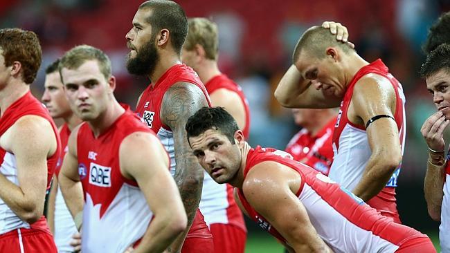 Heath Grundy looks on as the Sydney Swans contemplate their shock Round 1 loss to GWS. Photo by Ryan Pierse